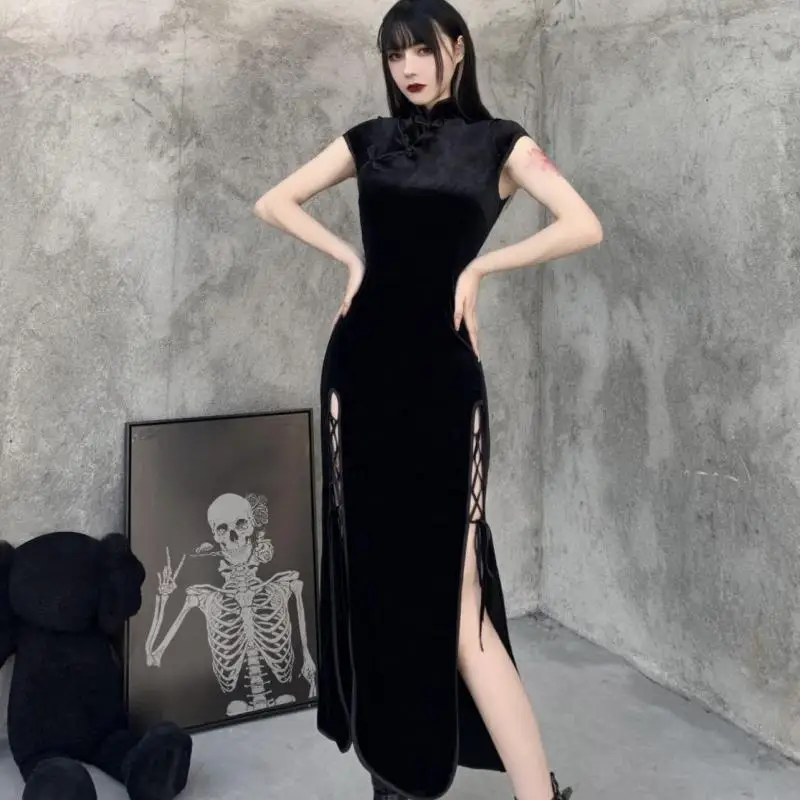 Платье-Ципао женское с коротким рукавом длинное пикантное вечернее платье