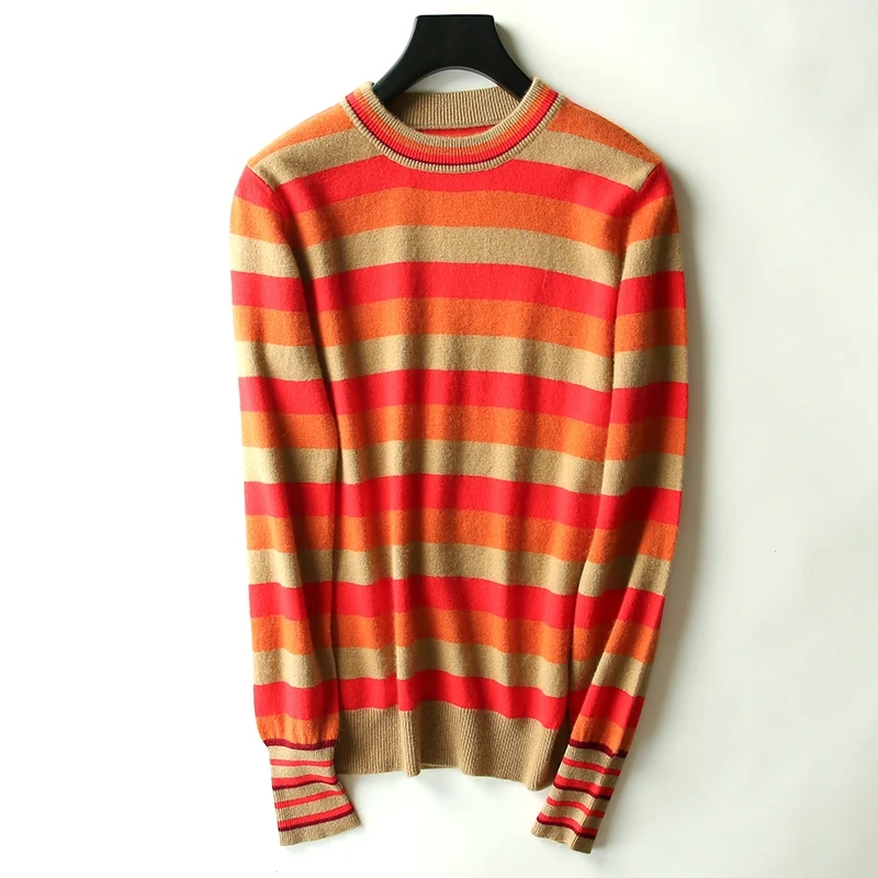 

Autumn Winter O-neck Fashion Stripe Sweaters Women 100% cashmere Knitting Pullovers Female 3Colors Long Sleeve Girl Jumpers Clot
