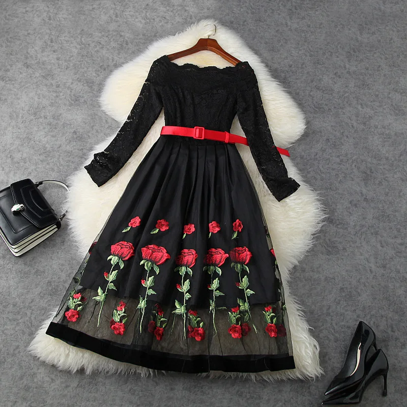 

Spring Woman Clothes 2021 Embroidered Rose Flowers Slash Neck Long Sleeved High Waist Belted Slim A-Line Black Dress Midi S-XL