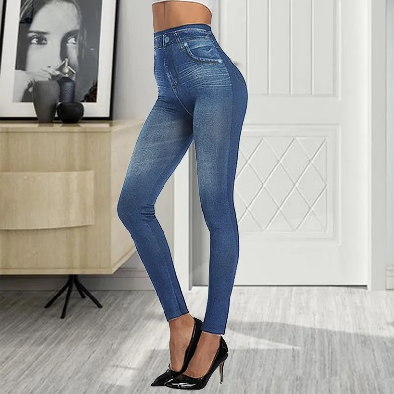 

Puimentiua Slim Women Leggings Faux Denim Jeans Leggings Sexy Long Pocket Printing Thick Winter Leggings Casual Pencil Pants