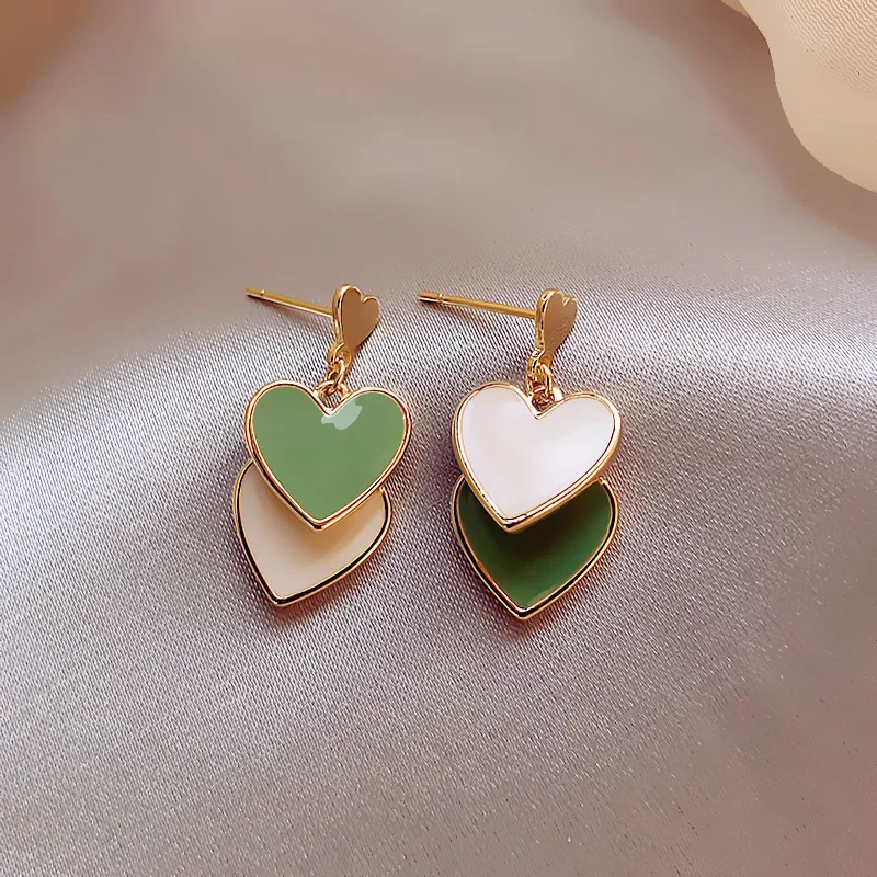 

925 Silver Needle Korean Version Original Design Simple Net Red Temperament Green Peach Heart Earrings Girls