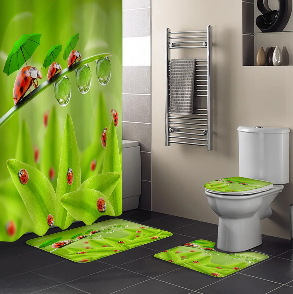 Прочная водонепроницаемая занавеска для душа с зелеными листьями божьей коровки