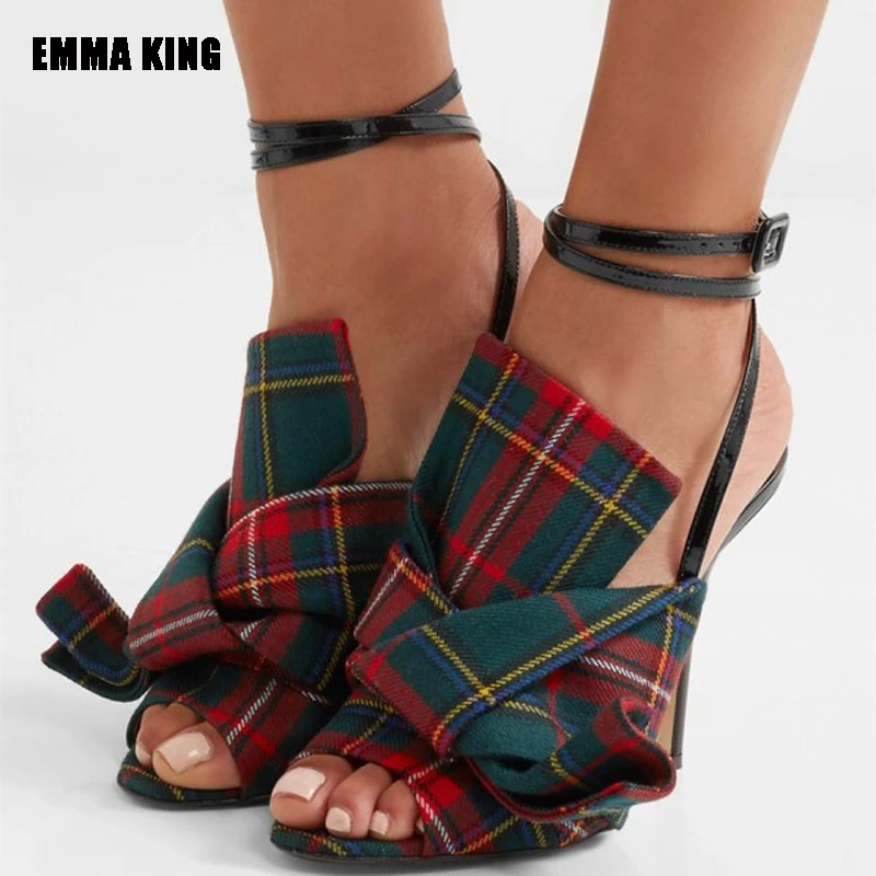 

Women Fashion Canvas Grid pattern Strip Sandals Sexy Peep Toe Thin High Heels Dress Shoes Ankle strape Gladitor Sandals 2021