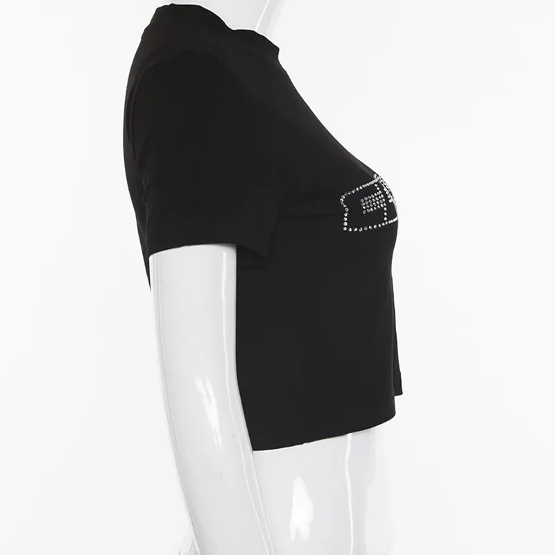 Женский летний топ с коротким рукавом черный облегающий блестками Y2K стразы лето