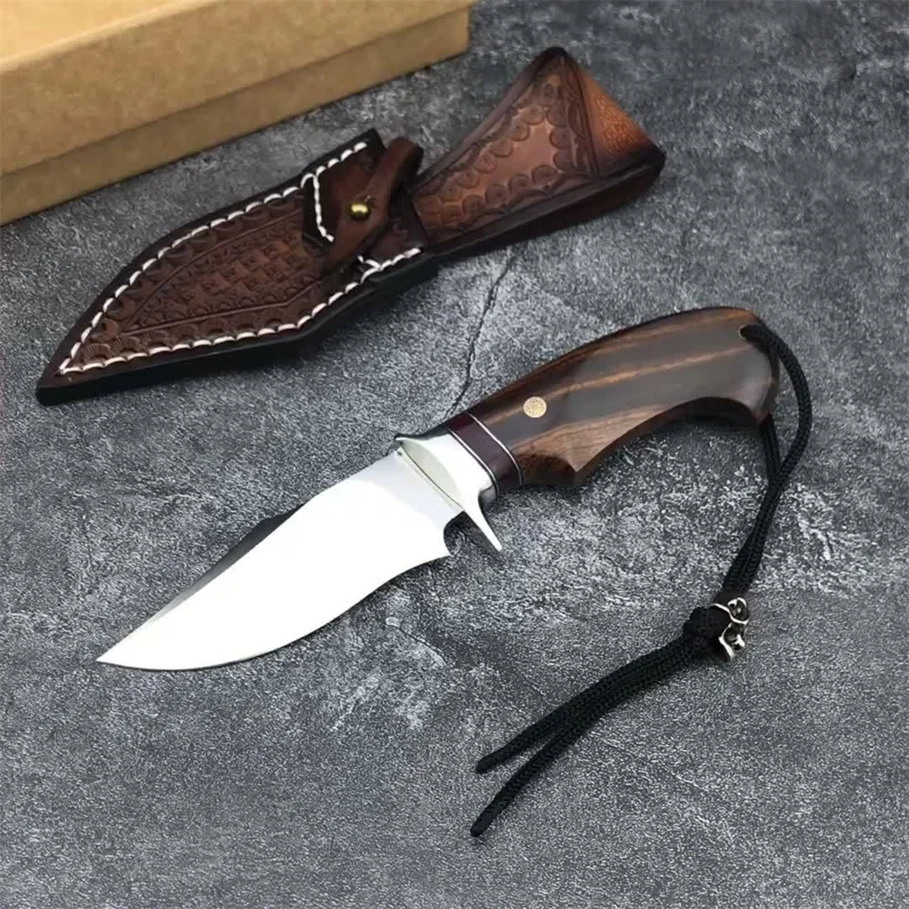 

14C28N Blade Fixed Blade Knife Wooden Handle Carved Leather Scabbard Outdoor Hiking Camping Surival Self-defense Tool Knives