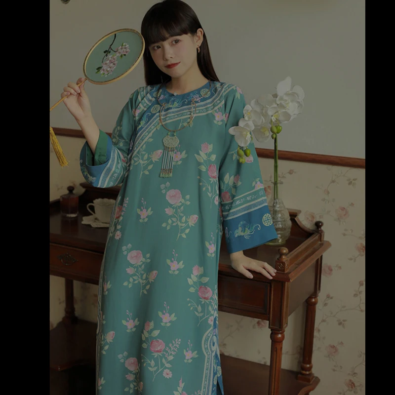 

Китайское платье зеленого цвета с принтом Qipao круглый вырез горловины с длинными рукавами юбка Cheongsam Ретро свободные Cheongsams в традиционном китайском стиле; Одежда