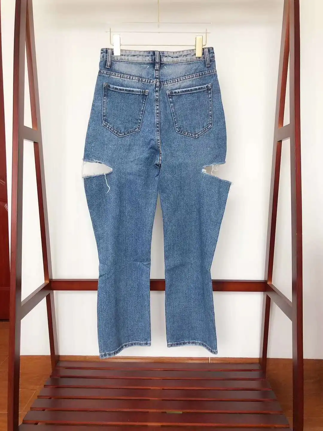 

2020 Summer Autumn Women High Waisted Loose Features Double Cut Holes on Both Sides Loose Straight Denim Pants M6