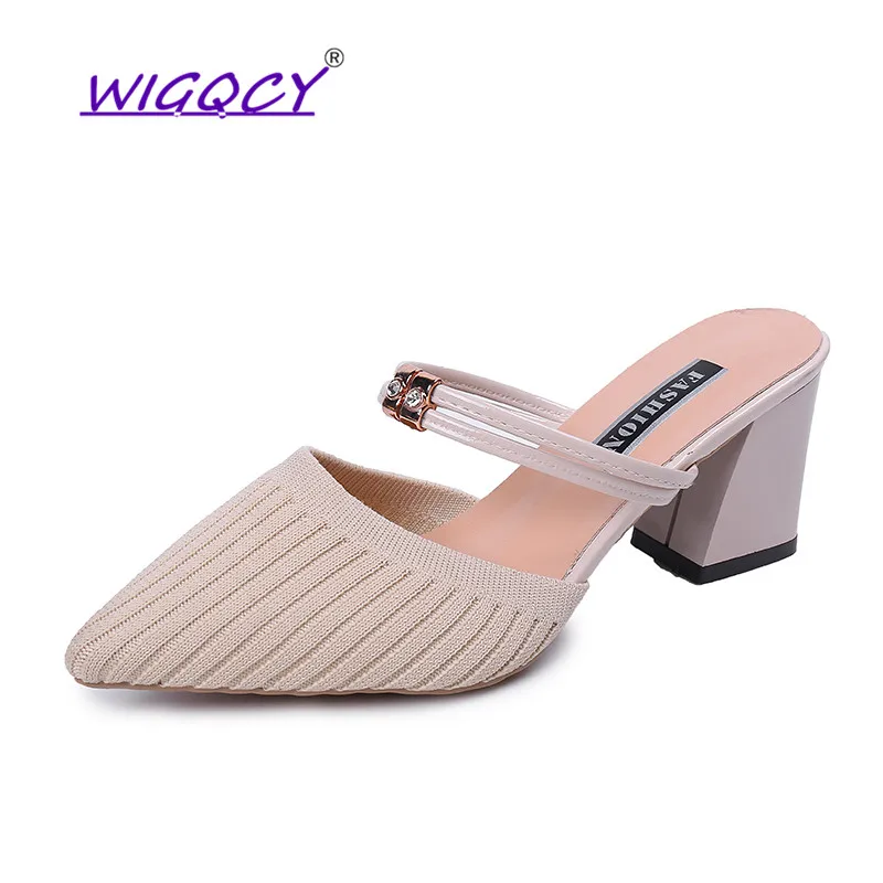 Вязаная эластичная сеточная подкладка Обувь на высоком каблуке 2019 Весенне