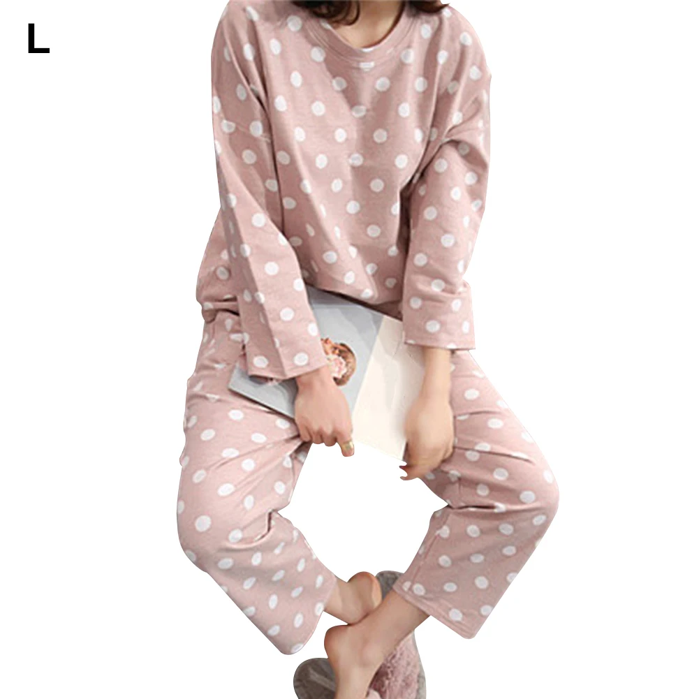 

Women Sleepwear Tops Pants Pullover Polka Dot Home Casual Cute Crew Neck Pajamas Loose Long Sleeve 2PCS