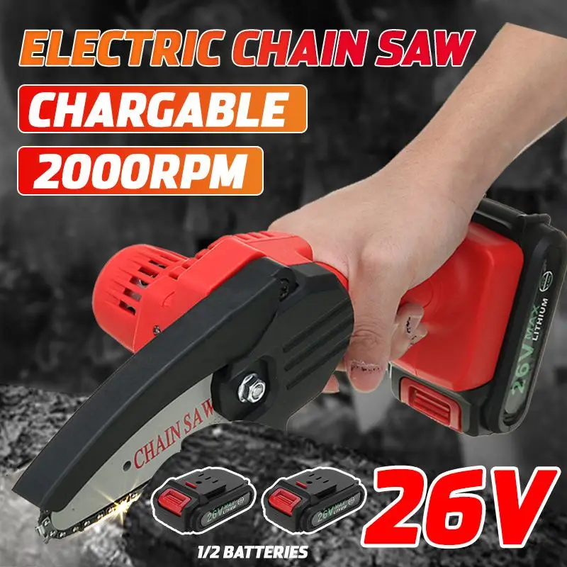 

26V 2000RPM 4 Inch 88VF Mini Electric Chain Saw With 2PC Battery Woodworking Pruning One-handed Garden Tool Rechargeable EU Plug