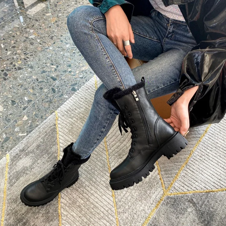 

MLJUESE 2021 women soft ankle boots cow leather winter warm plush round toe brown color high heels women riding boots