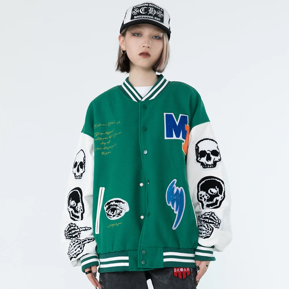 

2021 Mens Hip Hop Varsity Jackets Furry Skull Patchwork Color Block Bomber Jackets Men Harajuku Streetwear Baseball Coats Unisex