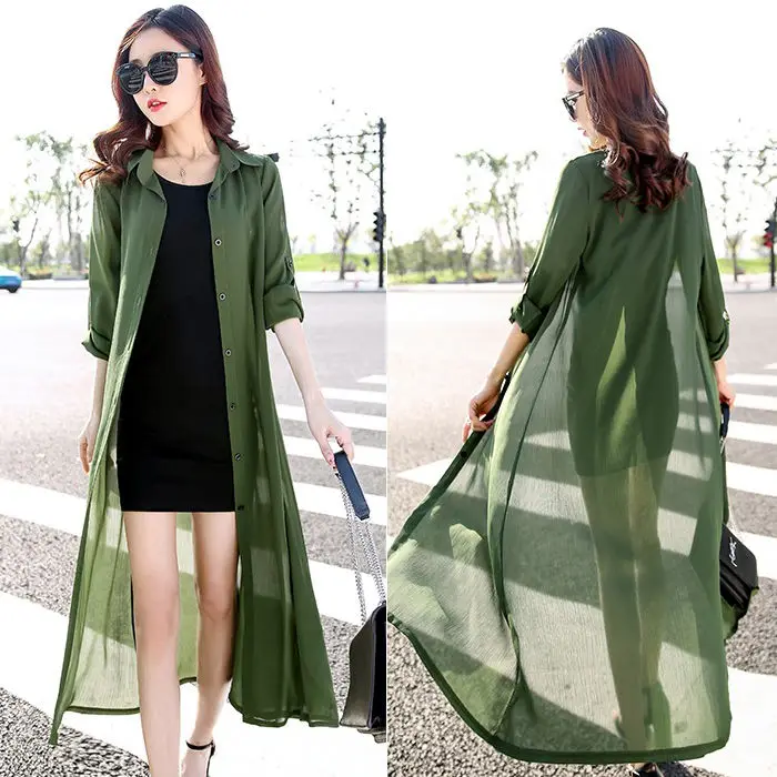

TingYiLi M-3XL Summer Long Cardigans Women Sunscreen Clothing Fashion Long Sleeve Blouse Shirts Black Green Red Kimono Cardigan