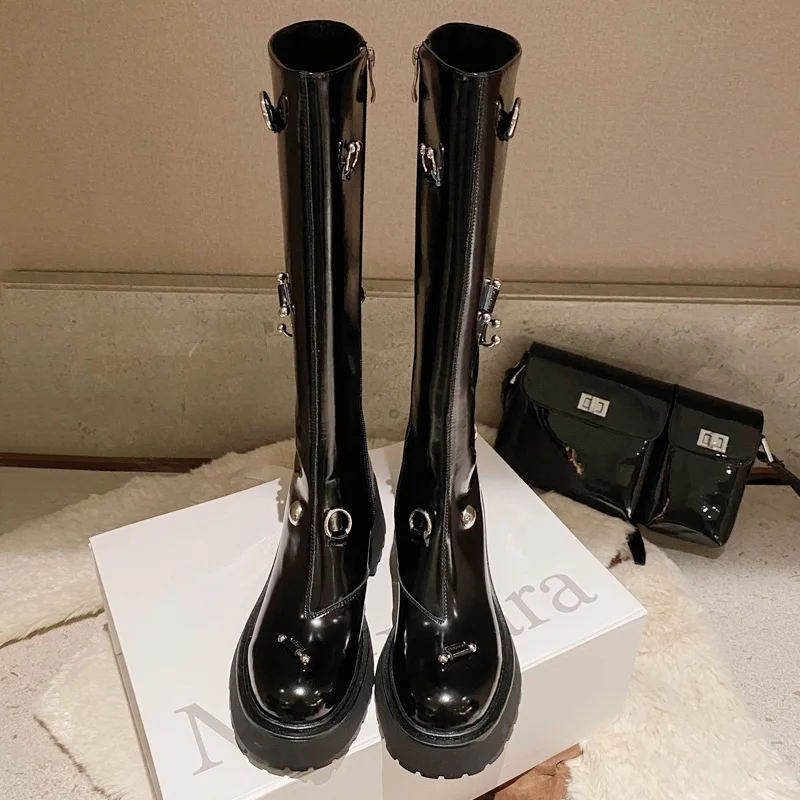 

Fashion Women's Leather Black Knee High Boots Round Toe High Heels Knight Metallic Ring Decor Shoes M36