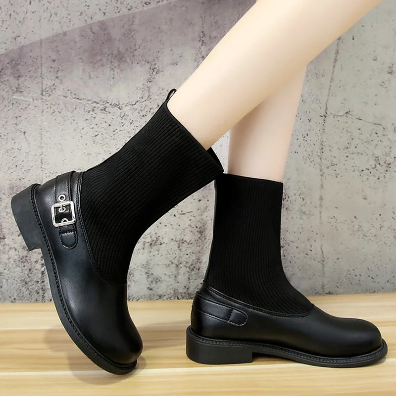 

Ботильоны для женщин, модные женские ботинки с пряжкой и ремешком, кожаные сращивающиеся вязаные короткие ботинки с круглым носком, новые о...