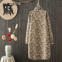 spring vintage retro printed floral long shirt single breasted cotton and linen tops lapel patchwork women comfortable blouses