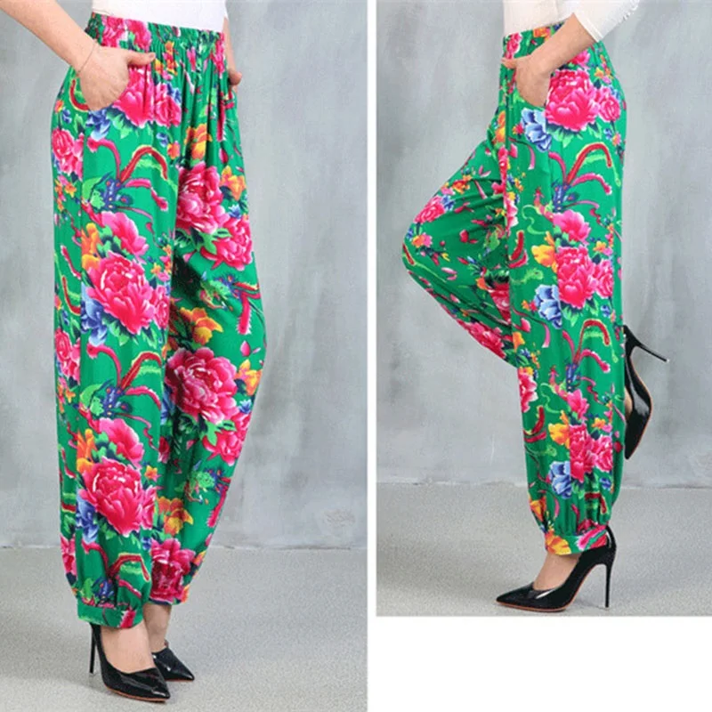 Женские винтажные широкие шаровары размера плюс 5XL с цветочным принтом Летние