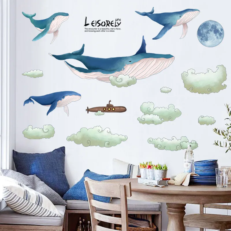 

Sofa Background Wall Sticker Big Blue Whale Cloud Living Room Bedroom Bedside Wallpaper DIY Home Decoration Wall Art Decor Decal