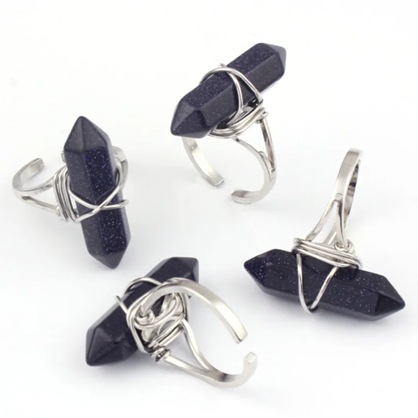 KFT посеребренные обмотанные шестигранные регулируемые перстни с синим песочным