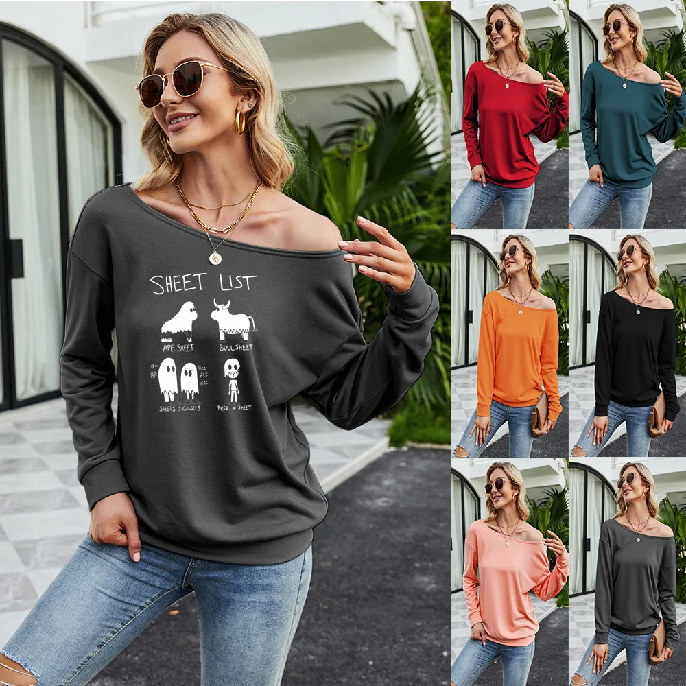 

Women's Pullover Sweatshirt Heart Printed Long Sleeve One Shoulder Tops Autumn Winter Sweat Shirts Woman Casual Top