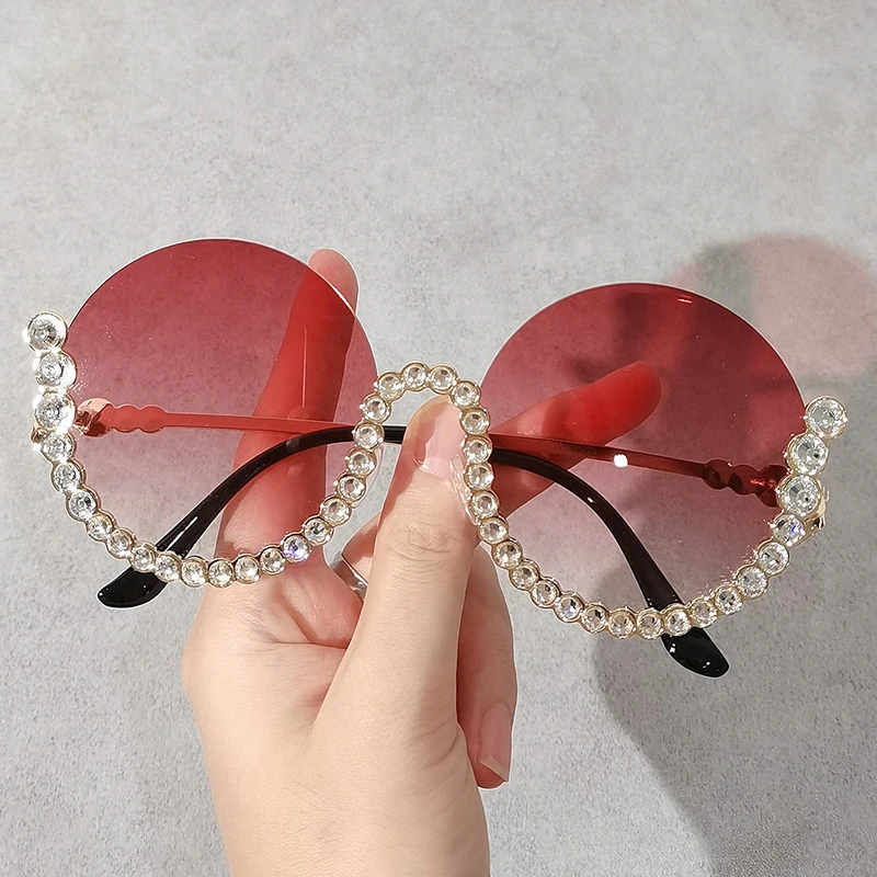 

2021 New Fashion Luxury Shining Diamond Sunglasses Women Vintage Half Round Sun Glasses Female Colorful Shades Oculos De Sol
