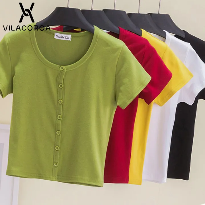 

Футболка женская хлопковая с круглым вырезом, базовая винтажная рубашка на пуговицах, укороченный топ с завышенной талией в Корейском стил...