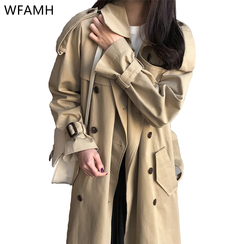 Женские Осенние длинный плащ цвета хаки двойной однобортное пальто с длинным