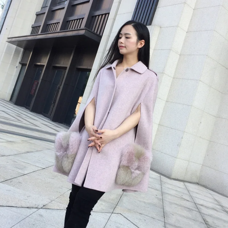 light purple Натуральный мех пальто зимняя куртка женская куртка шерстяное свободное пончо шаль пальто натуральный Лисий Мех карман шерстяной плащ без рукавов верхняя одежда - Color: light purple