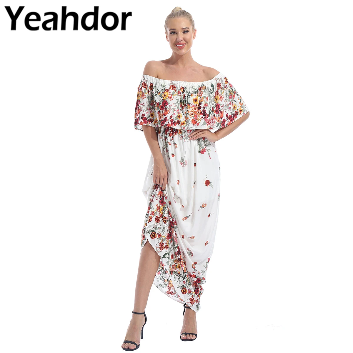 

New Women Summer Outfit Dresses Floral Printed Off Shoulder Dress Ladies Holiday Vacation Beach Short Sleeve Ruffle Streetwear