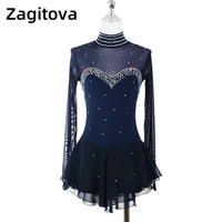 navy blue red figure skating dress for women and girls long sleeve ice figure skating clothes with rhinestones
