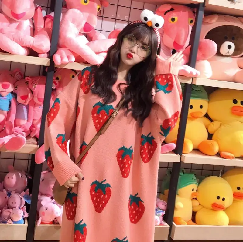 Kawaii розовый свитер длинный участок большого размера клубничный пуловер свитер зима женская корейская версия трикотажа осень теплая новая одежда