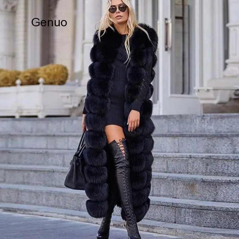 10-section Luxury Faux Fox Fur Winter Vest Jacket Sleeveless Thick Warm Horizontal Striped Long Style Fluffy Fake Overcoat | Женская