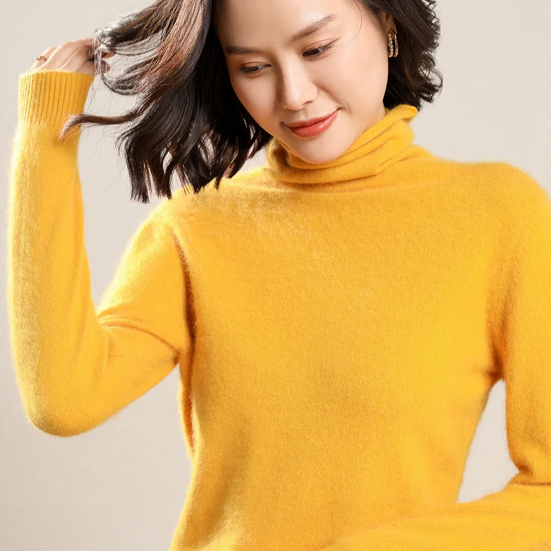 

Women's Jumper 100% Mink Cashmere Turtleneck Shirt Collar Piles Of Winter Female Loose Soft Solid Color Long-sleeved Pullover