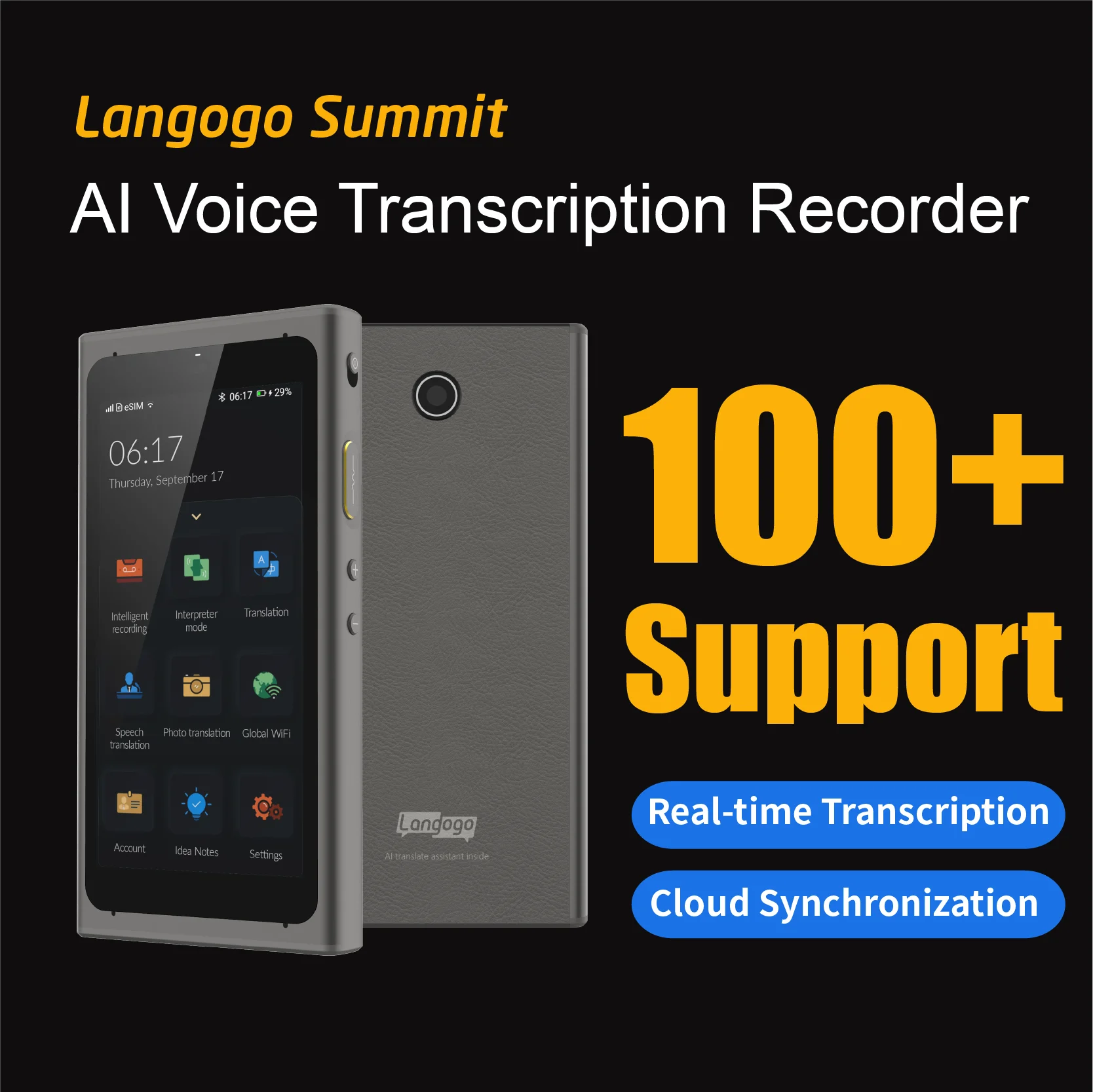 Langogo Language Voice Recorder and Translator Instant Translate Device for Travel Business Real-Time Pocket Record English