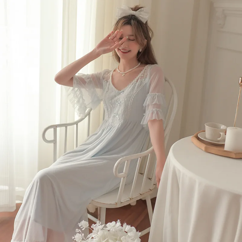 

Yierle palace style Pajama girl summer short sleeve mesh embroidery sweet lovely fairy lace sexy nightgown