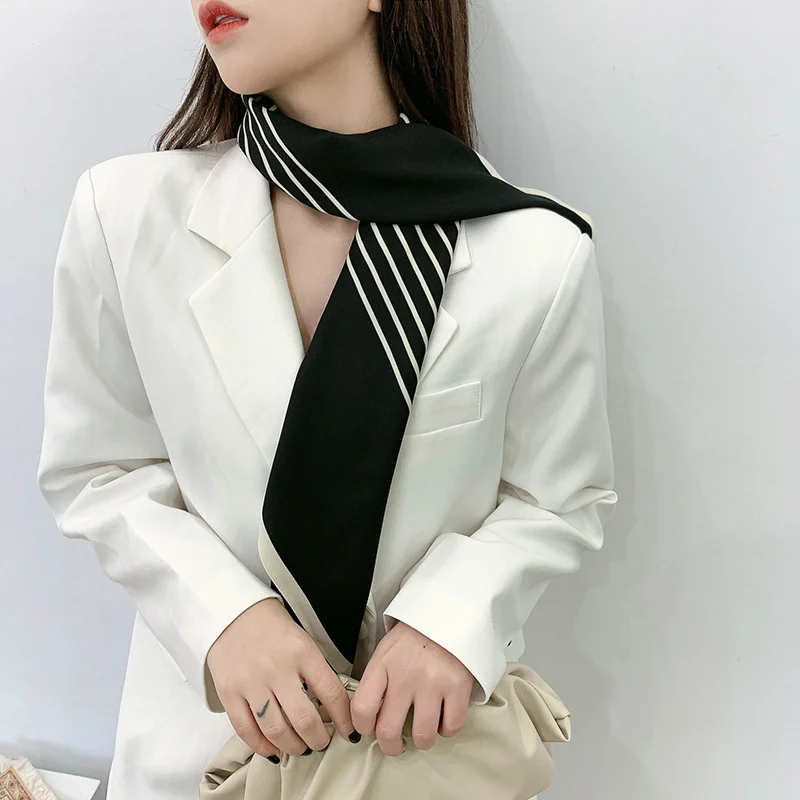 

Kywommnz Twill Cotton Korean Black And White Stripes Women Fashion Classic Square Scarf Hair Accessories Silk Scarf S108