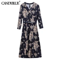 mother dress 2022 spring new fashion retro mid length large size loose casual printing v neck chiffon dress female with belt
