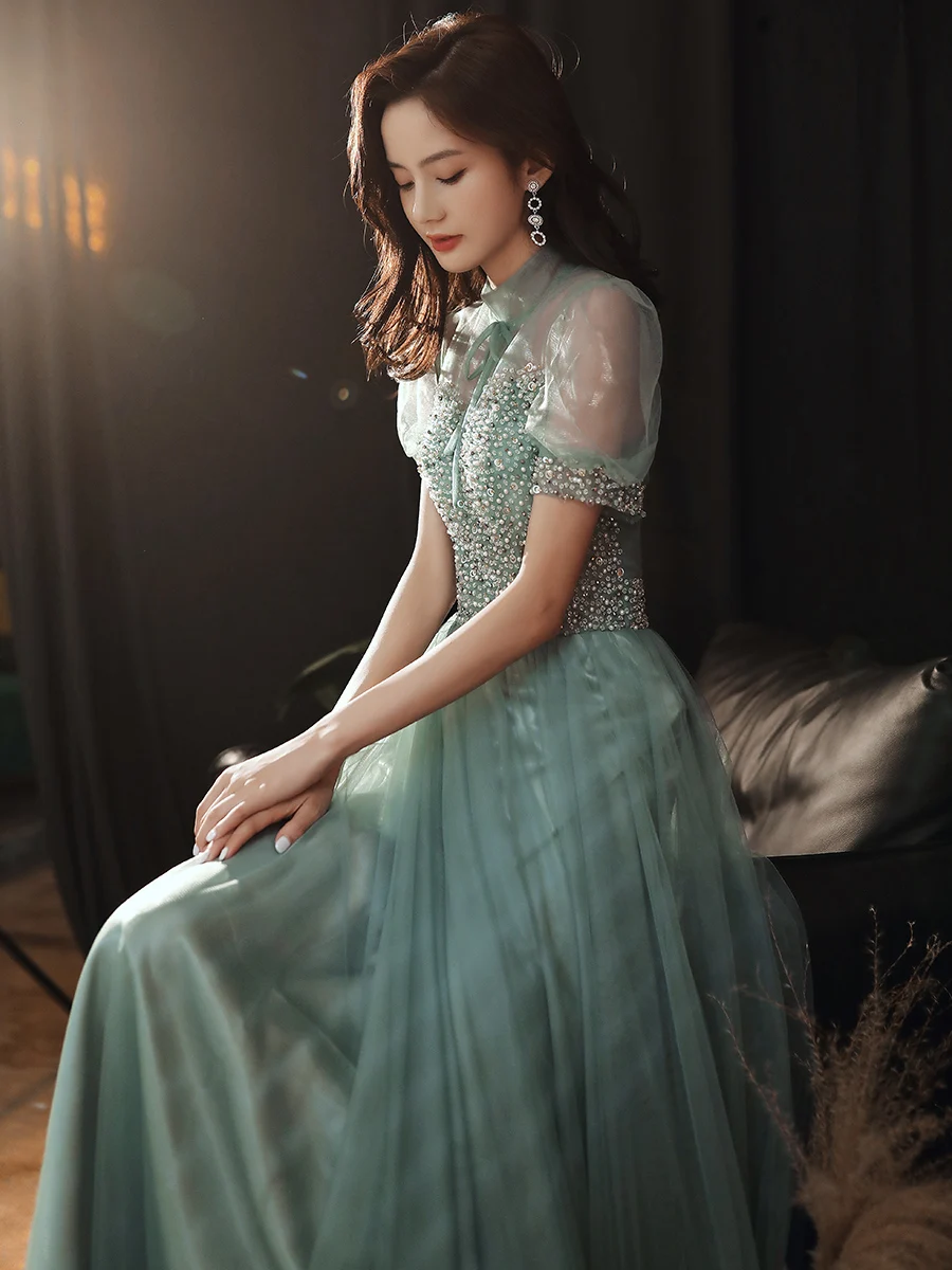 

Light Green Women Birthday Dresses Elegant High Neck Long Formal Evening Dresses Luxury Handmade Beading Sequins Prom Gown