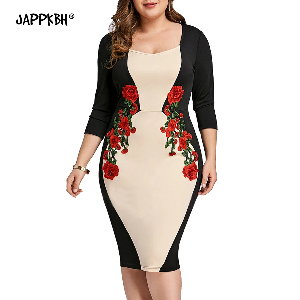 Женское платье с цветочной вышивкой повседневное облегающее офисное большого