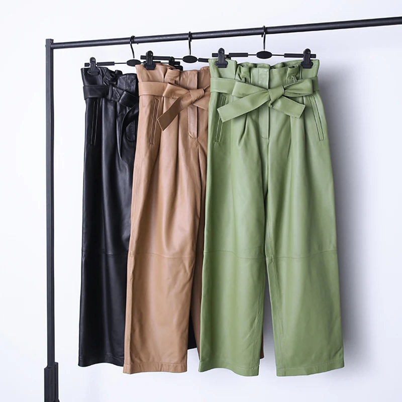 Stylish Genuine Leather Pants Women Sheepskin Bow Tie Lace High Waist Trousers Mujer Khaki/Green Straight Wide Leg Pantalon