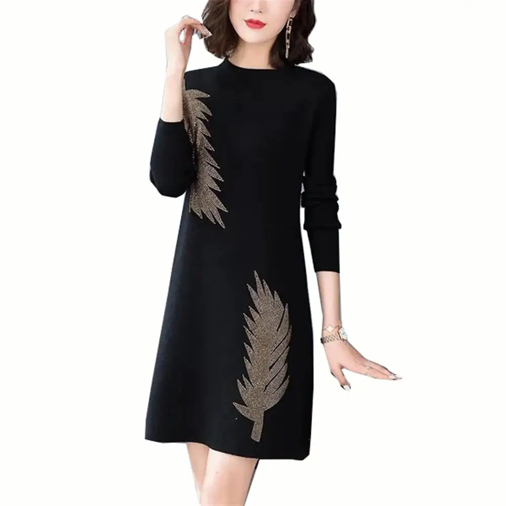 

Платье женское средней длины, повседневная Облегающая рубашка с длинным рукавом, до колена, с круглым вырезом, на осень-зиму