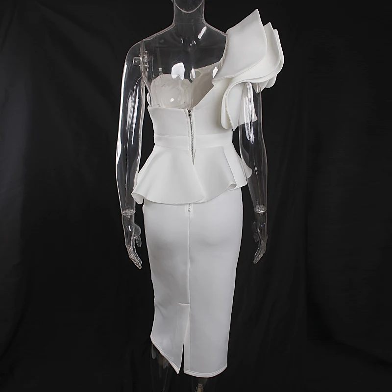 Белое Обтягивающее Платье миди с рюшами на одно плечо сексуальное Бандажное