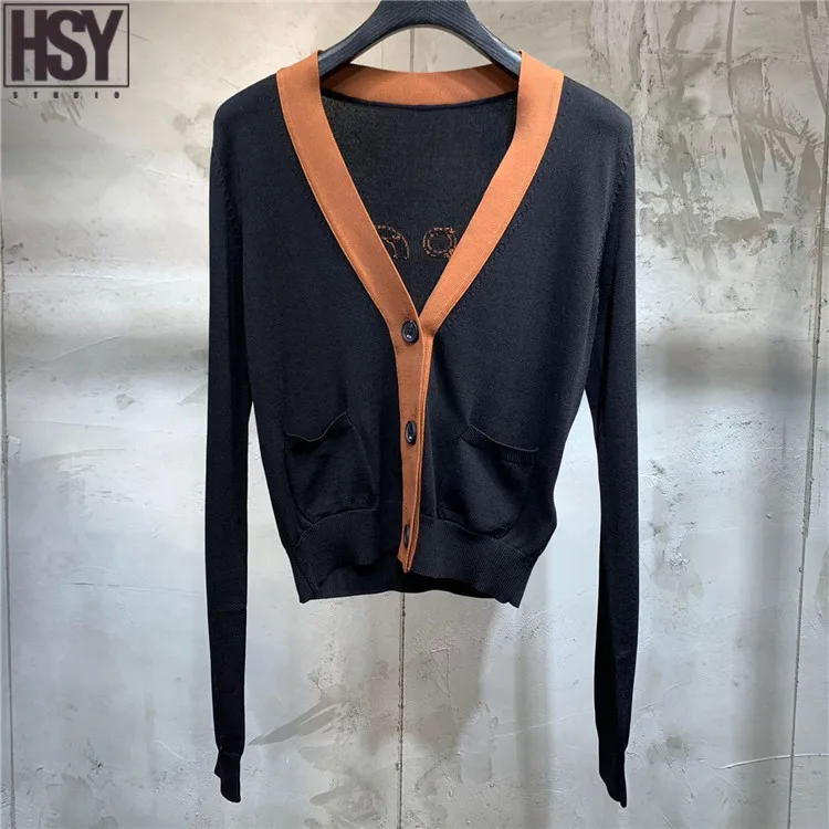 【HSY】 Осень Зима женский длинный рукав v-образный вырез однобортный шорты контрастных цветов укороченный тонкий вязаный свитер кардиган 2c
