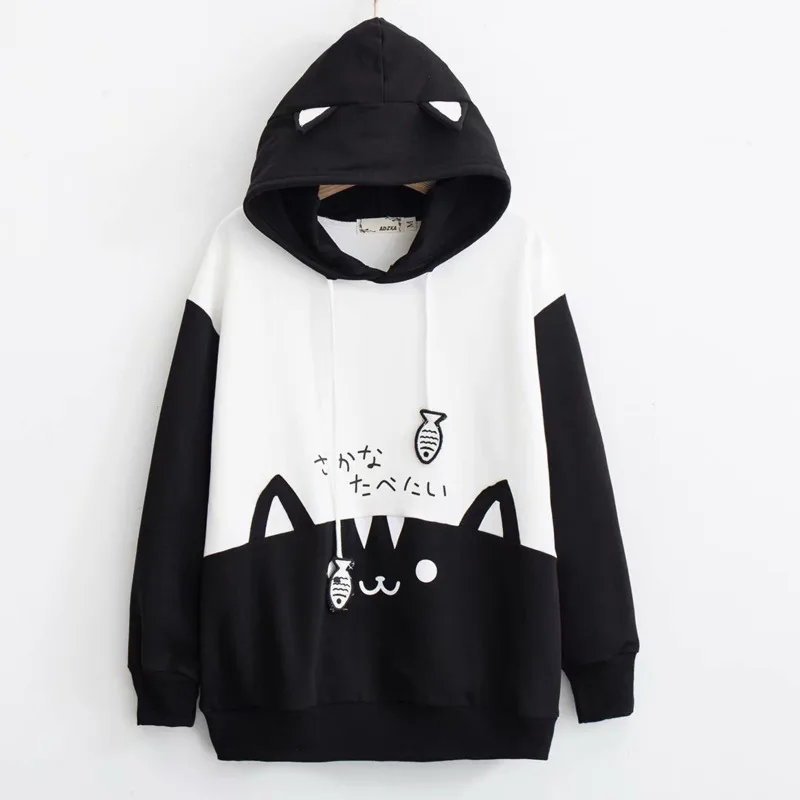

Spring Autumn Hoodies Women New Cute Little Devil Embroidery Long Sleeve Loose Hooded Sweatshirt Girl Student Pullover Coat Ins