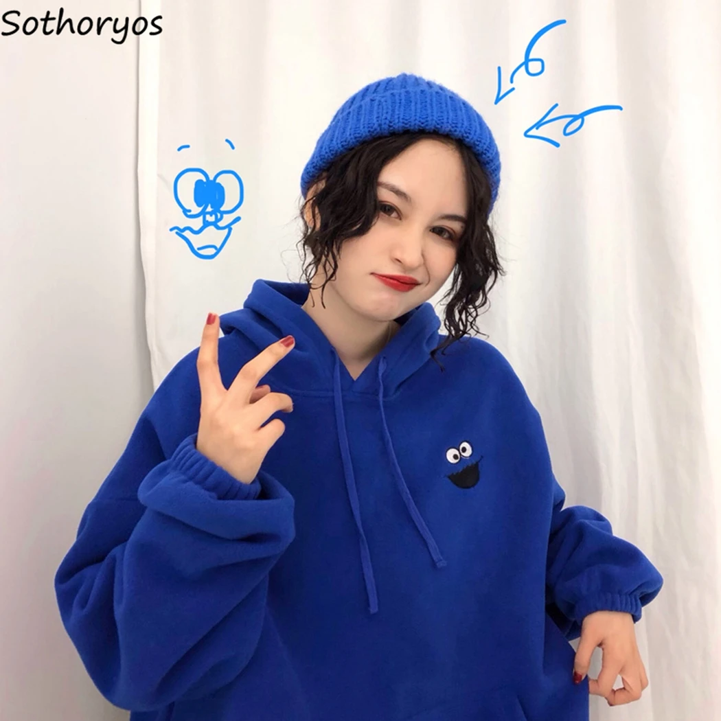 Autumn Winter 2019 Oversized Harajuku Fleece Hoodies Women Cartoon Embroidery Hoody Sweatshirt Streetwear Loose Hooded Pullover | Женская