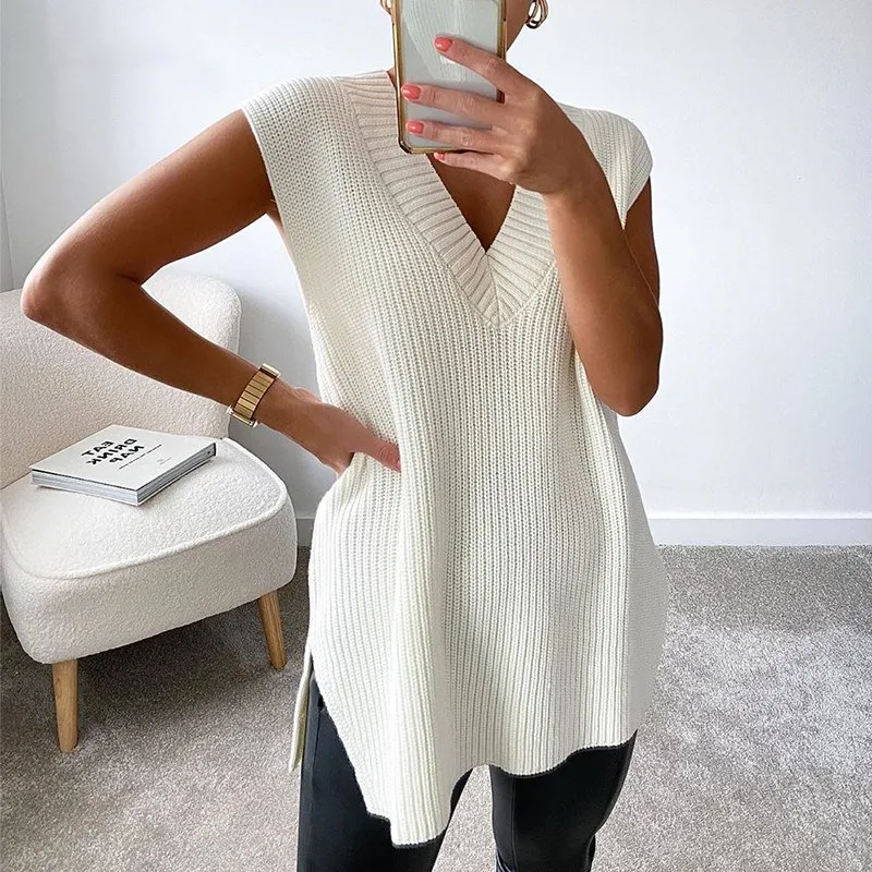

Women V Neck Sleeveless Sweater Vest Knitted 2021 Jumper Casual Autumn Winter Split White Korean Preppy Pullover Loose Sweaters