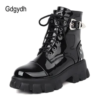 gdgydh ankle buckle platform motorcycle womens boots patent pu thick sole sneakers boots soft comfort fall shoes plus size 46