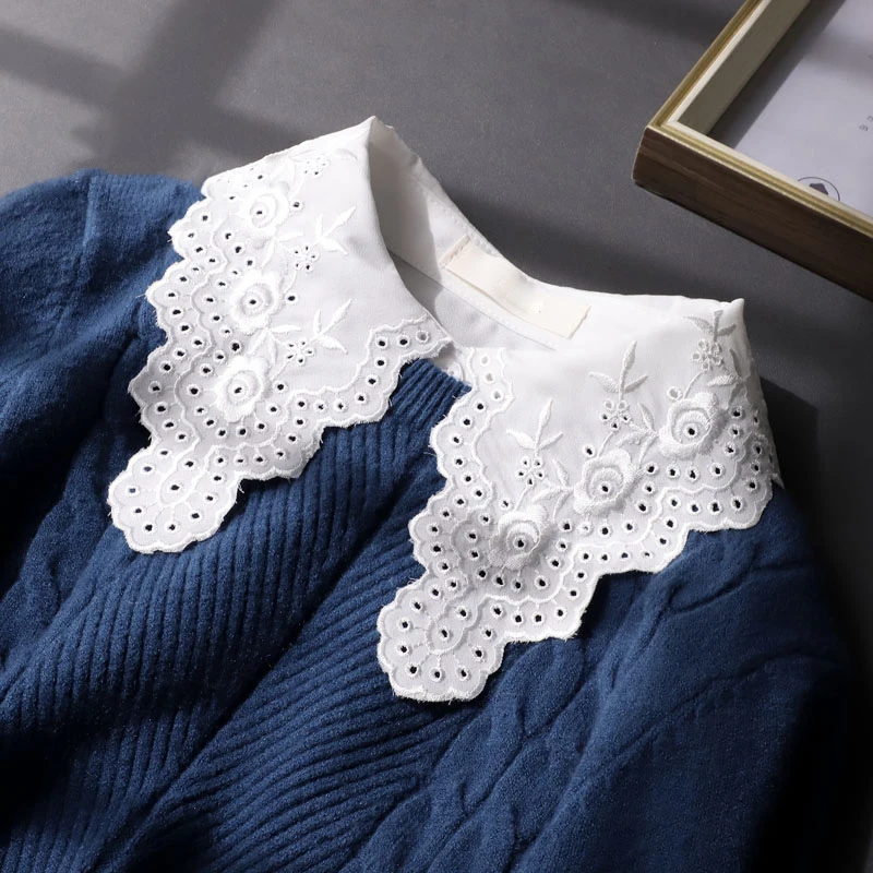 

Fashion White Fake Collar Women Detachable Collars Lace Embroidery False Collar Pearls Detachable Collar Lolita Half Shirt