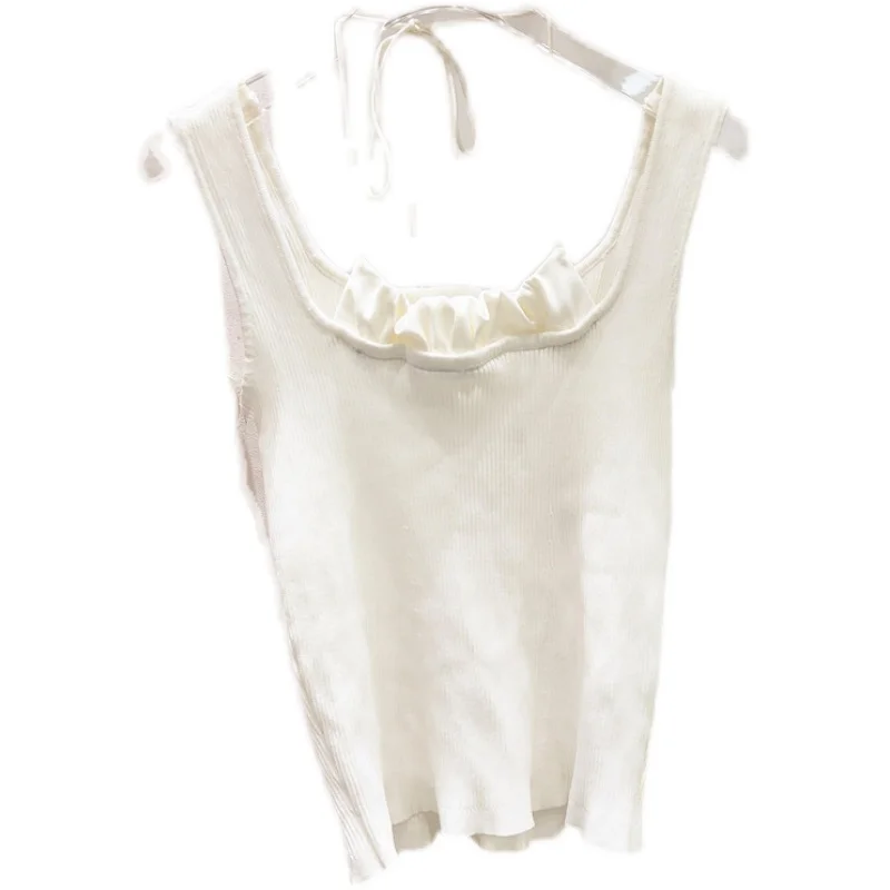 

New Fake Two-Piece Suspender Halter Square Collar White Short Knitted Vest Top Women Summer All-Match Tanks 2021 Nancylim