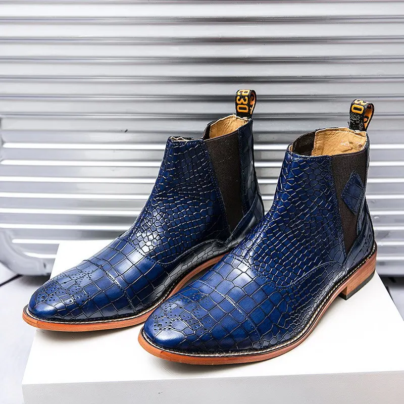 

ERRFC New men Blue Ankle boots fashion high black Leisure chelsea boots man Snake Pattern for male Patent Leather Shoes 38-46